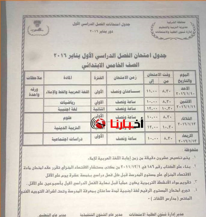 جدول امتحانات الصف الخامس الابتدائي بالشرقية 