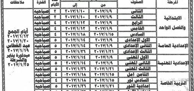 جدول امتحانات نصف العام الشهادة الإعدادية محافظة الدقهلية ...